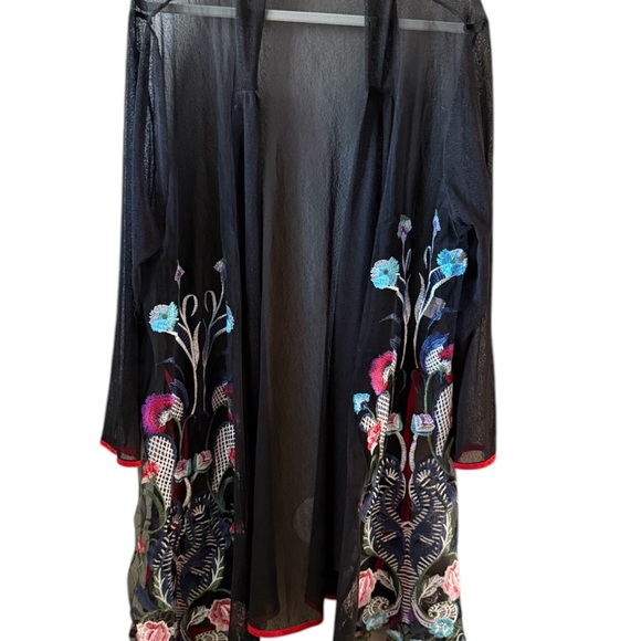 Nextmia Black Sheer Embroidered Floral Duster Kimono Long Sz 24 Black Red Blue - Picture 2 of 7